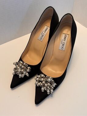 Jimmy Choo Black Satin Pointed Toe Pumps with Pearl & Crystal Clusters EU 38